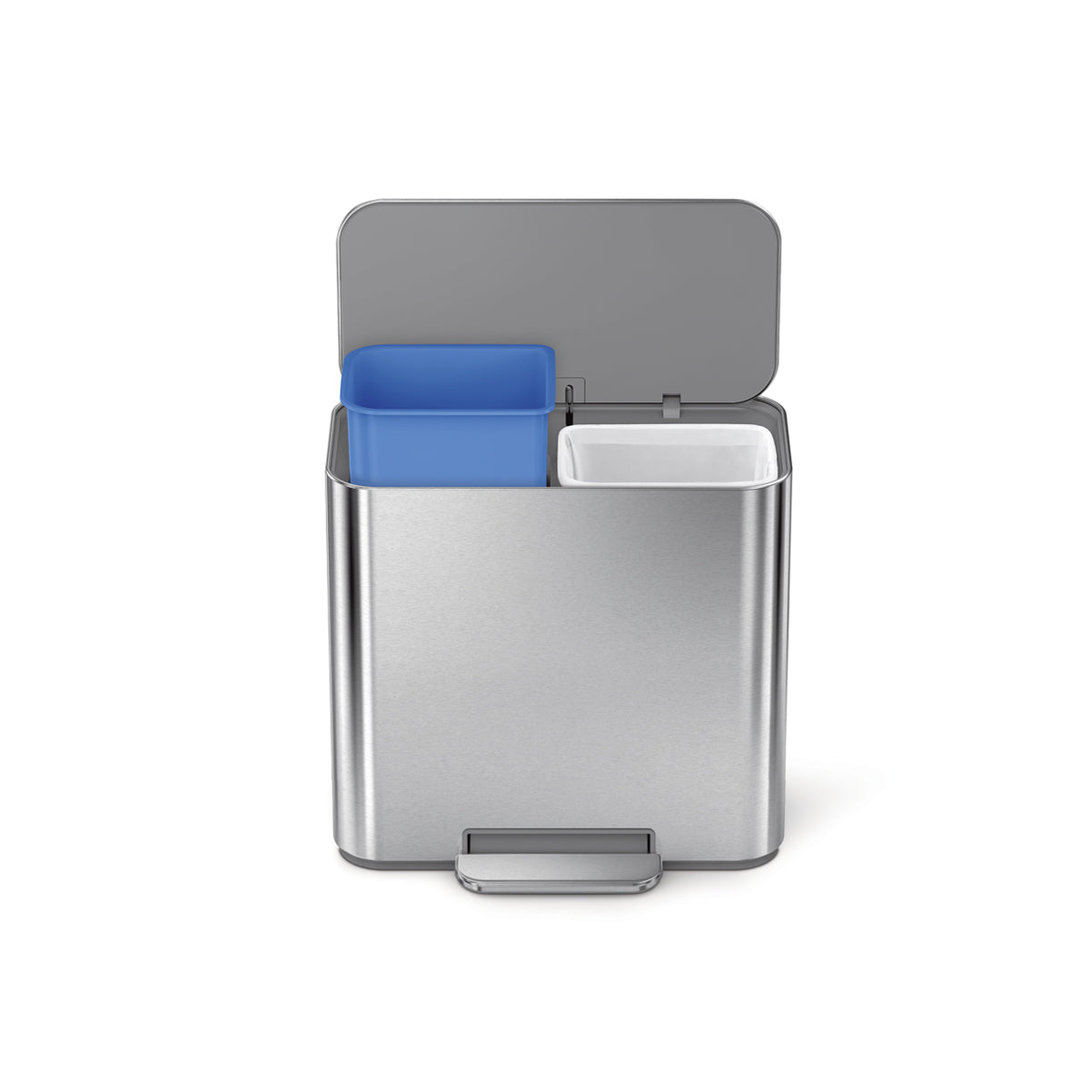 Simplehuman 15L Mini Recycler Step Can, Polished Stainless Steel, open lid view showing dual recycling liners.