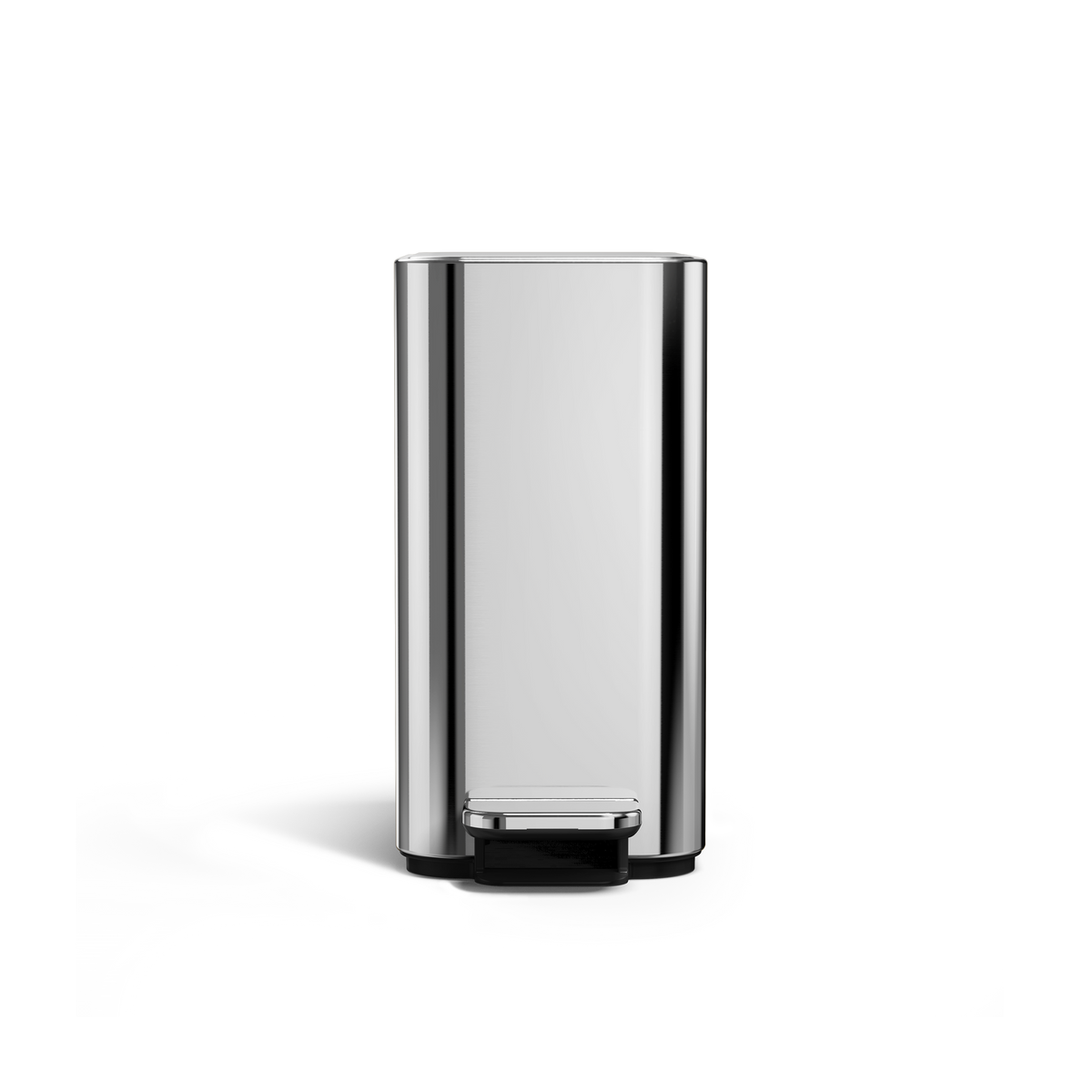 Simplehuman 5L Slim Step Can, Polished Stainless Steel, Front view, hands-free slim design.
