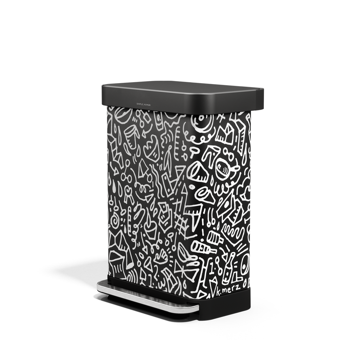 Front angled view of Simplehuman 55L Rectangular Step Can, black graphic print, hands-free pedal, liner pocket.