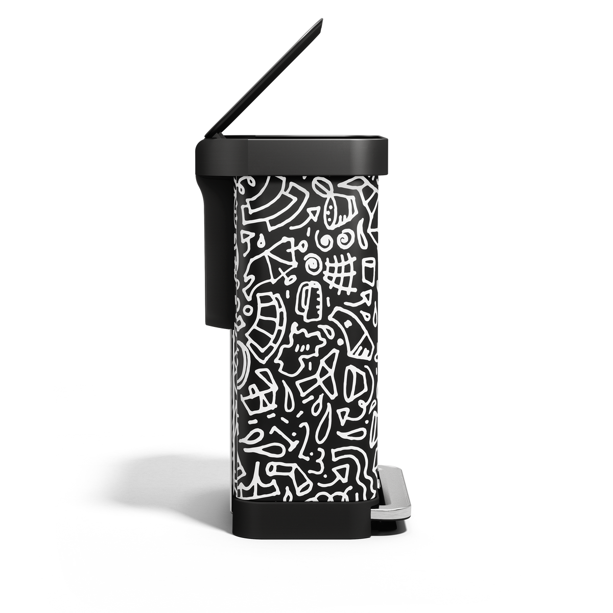 Side view of Simplehuman 55L Rectangular Step Can in black graphic print, with lid open, hands-free pedal.