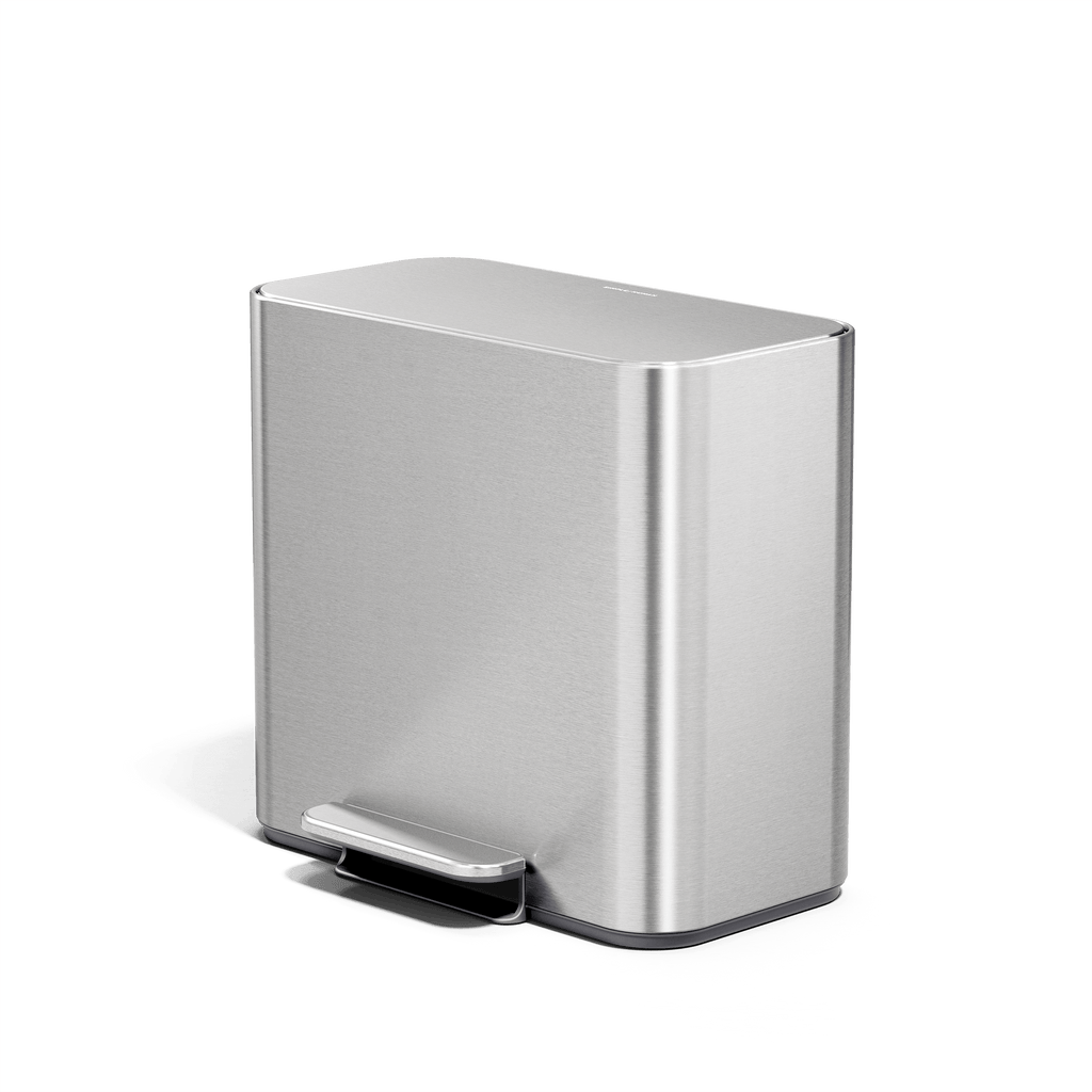 Simplehuman 16L Brushed Stainless Steel Mini Step Can with pedal, angled view.