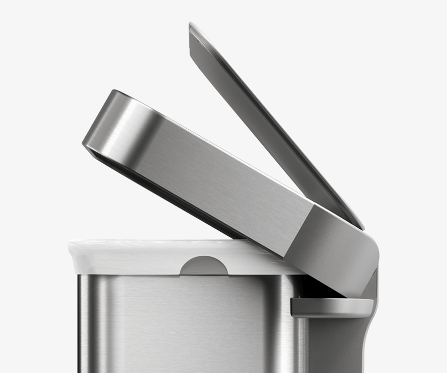 Simplehuman's 90L Step Can in Brushed with the lid up showcasing the Custom Fit Liners with the can.