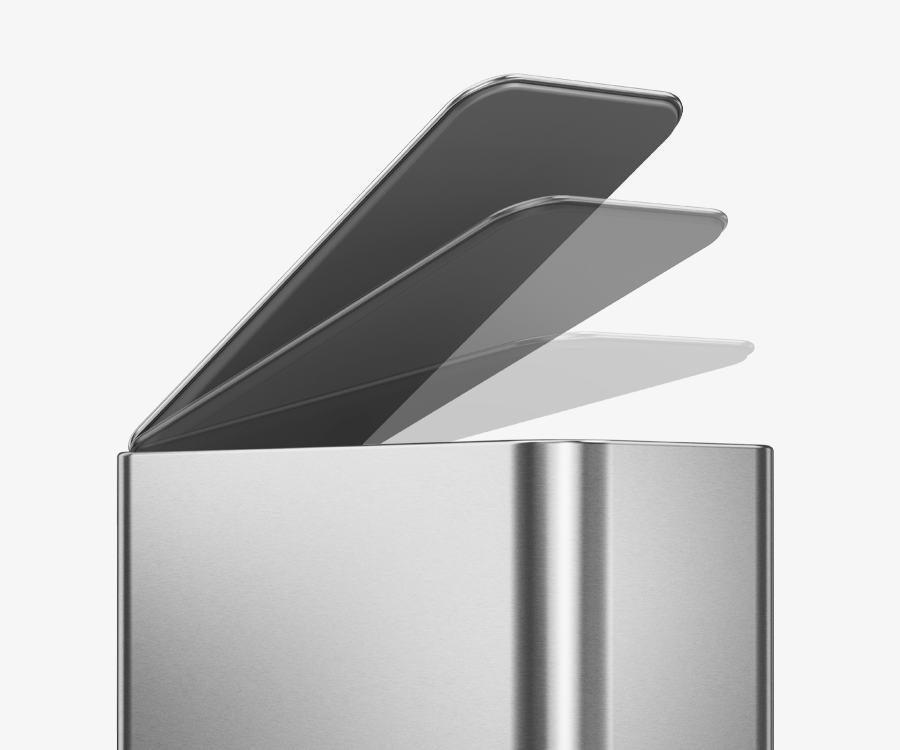 Simplehuman's Slim Step Can in Brushed has Lid Shox technology so that the can has a silent close to avoid any disruptions. The lid in this image replicates the technology. 