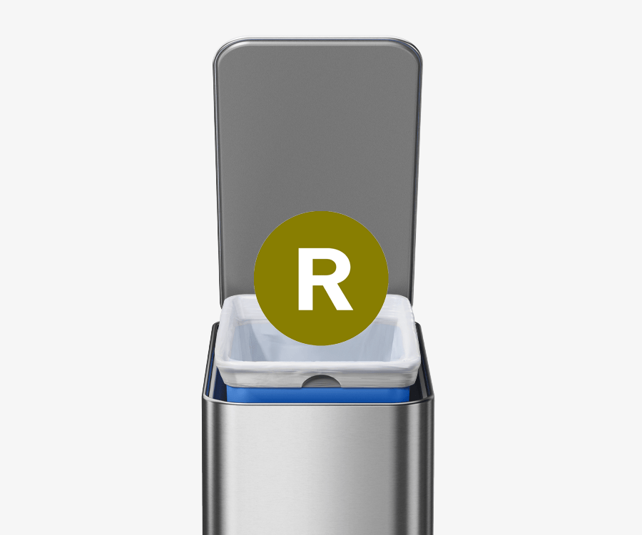 Simplehuman's 9L Slim Step Can fits perfectly with their specific liner codes. For this can it is the Code R Custom Fit Liners by Simplehuman. It is denoted in this image with a large R circled by a slight olive circle. 
