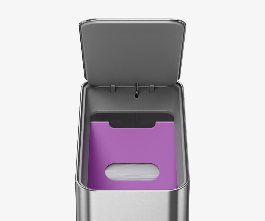 Simplehuman's 9L Slim Step Can in Brushed has a liner pocket for quick and easy storage and replacement of liners between changes. This is outlined in purple. 