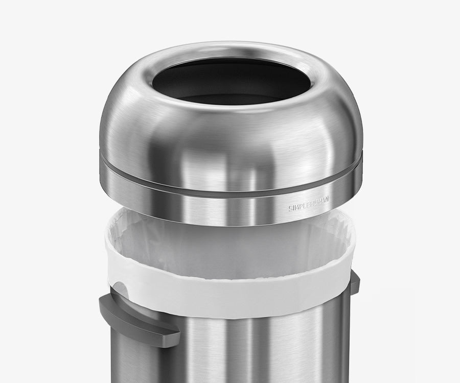 Simplehuman's All-Steel Bullet Open Can lid showcasing the ease of lifting the lid off from the can for quick and easy liner change.