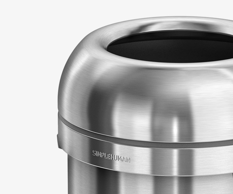 Simplehuman's All-Steel Bullet Open Can in Brushed showcasing the steel construction and the can very close in.