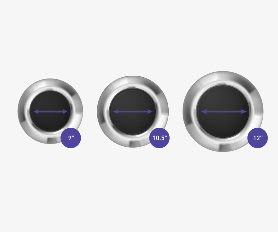 Simplehuman's Bullet Open Cans in Brushed. This image showcases the different widths of the 3 sized cans with dimensions.