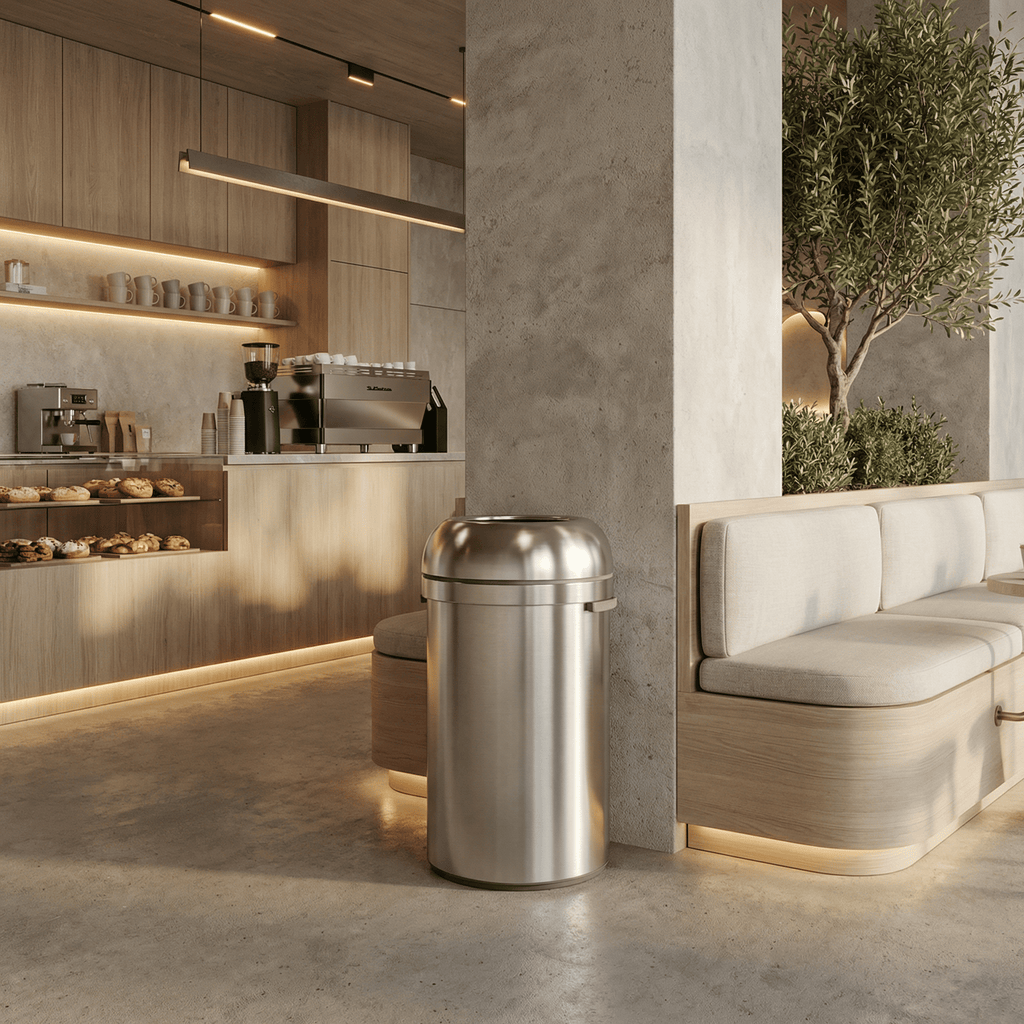 Simplehuman's 80L Brushed All-Steel Bullet Open Can in a light airy cafe setting with touches of greenery, wood, and marble.