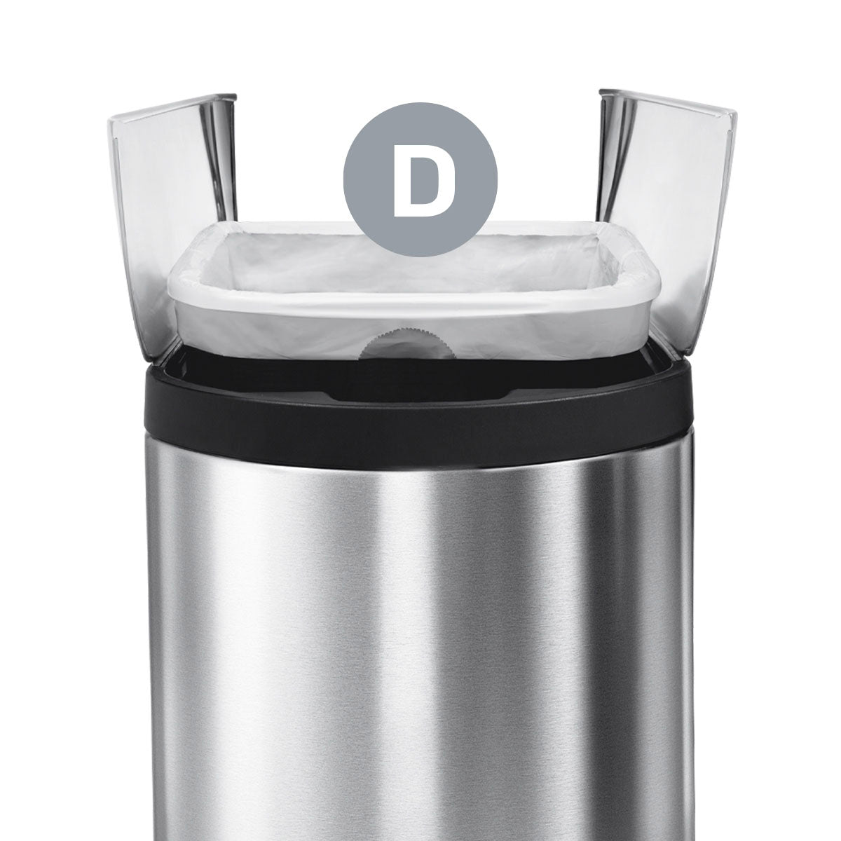 Detail view of Simplehuman Code D Custom Fit Liner, white, installed in a Brushed Stainless Steel can, showing perfect custom fit.