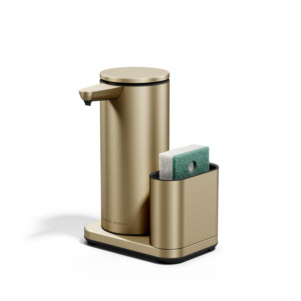 Simplehuman Brushed Brass 14 oz Sensor Pump + Caddy, sponge shown in removable dock, rechargeable, touch-free.