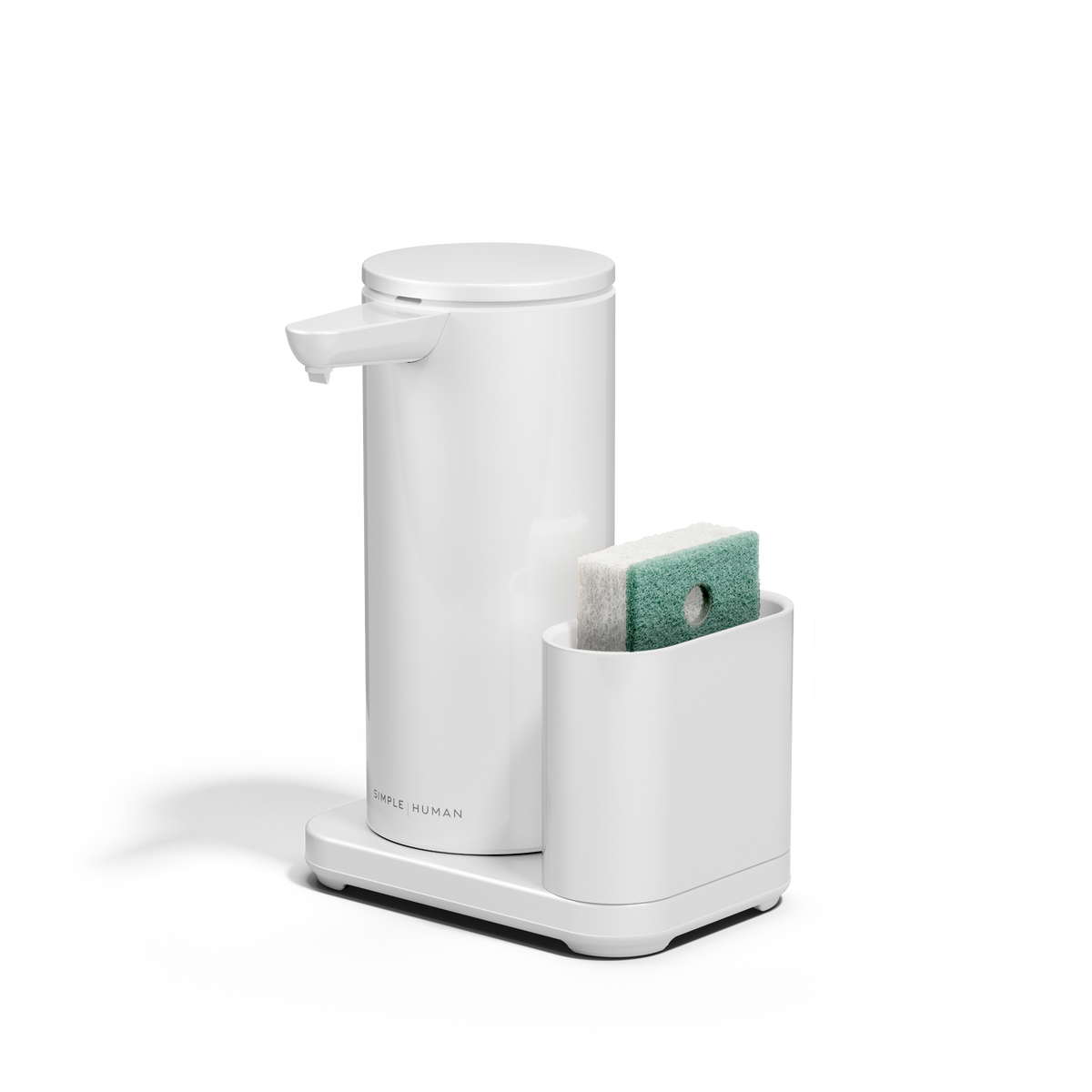 Angled view: Simplehuman White 14 oz Sensor Pump + Caddy, touch-free rechargeable dispenser holding a sponge.