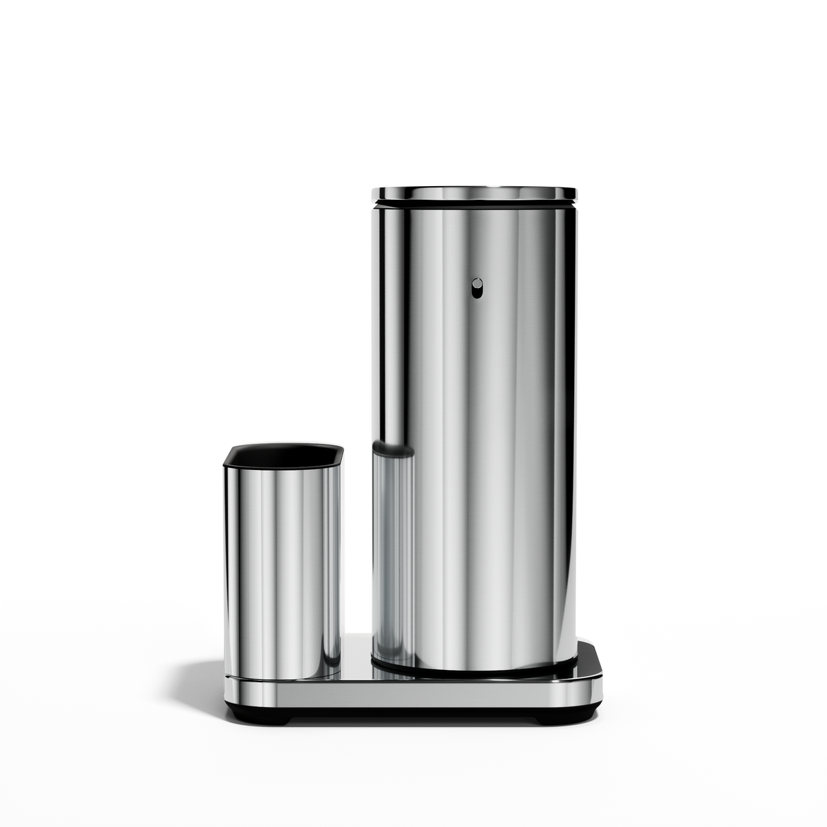 Profile view: Simplehuman Polished Stainless Steel 14 oz Sensor Pump + Caddy, rechargeable touch-free dispenser.