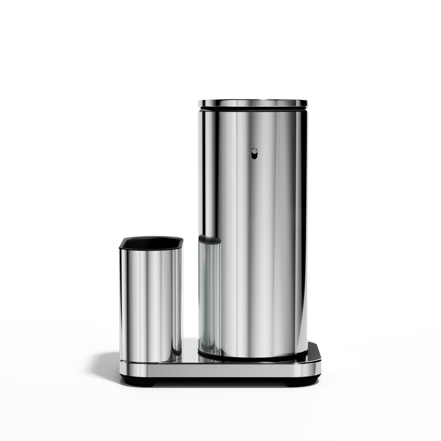 Profile view: Simplehuman Polished Stainless Steel 14 oz Sensor Pump + Caddy, rechargeable touch-free dispenser.