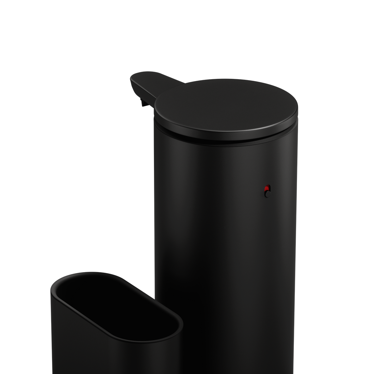 Detail view of Simplehuman Matte Black 14 oz Sensor Pump + Caddy, featuring the touch-free sensor and indicator light.