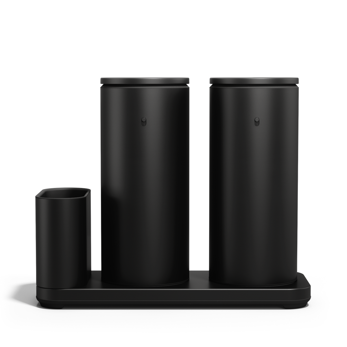 Front view: Simplehuman Matte Black Dual Sensor Pump 14 oz. with Caddy, rechargeable and twin touch-free dispensers.