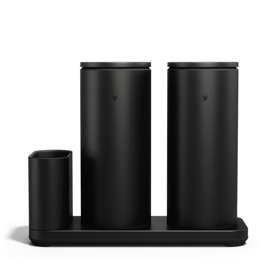 Front view: Simplehuman Matte Black Dual Sensor Pump 14 oz. with Caddy, rechargeable and twin touch-free dispensers.
