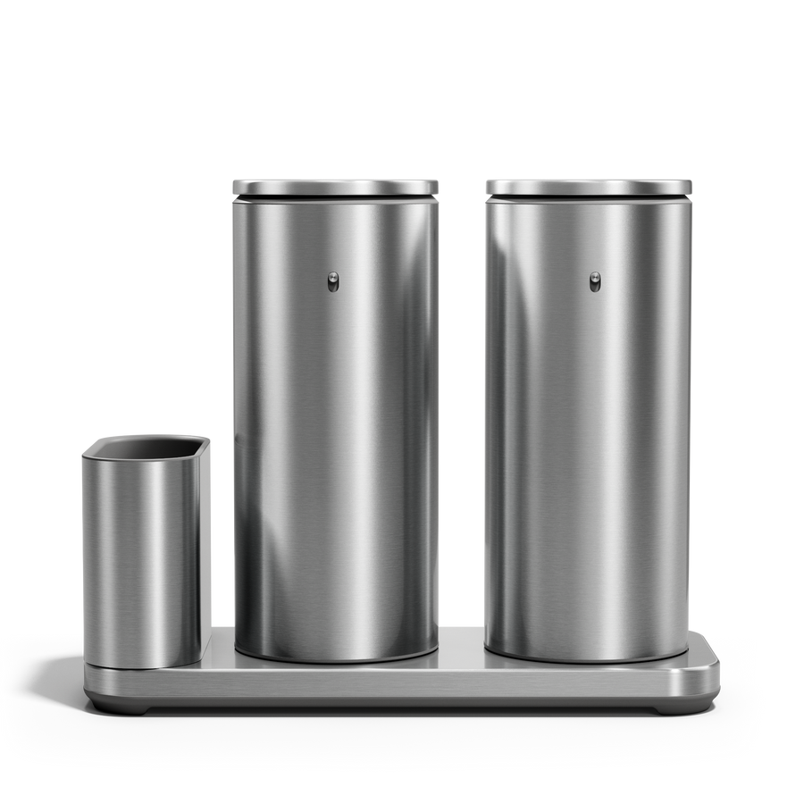 Front view: Simplehuman Dual Sensor Pump 14 oz. with Caddy in Brushed Stainless Steel, rechargeable, hands-free.