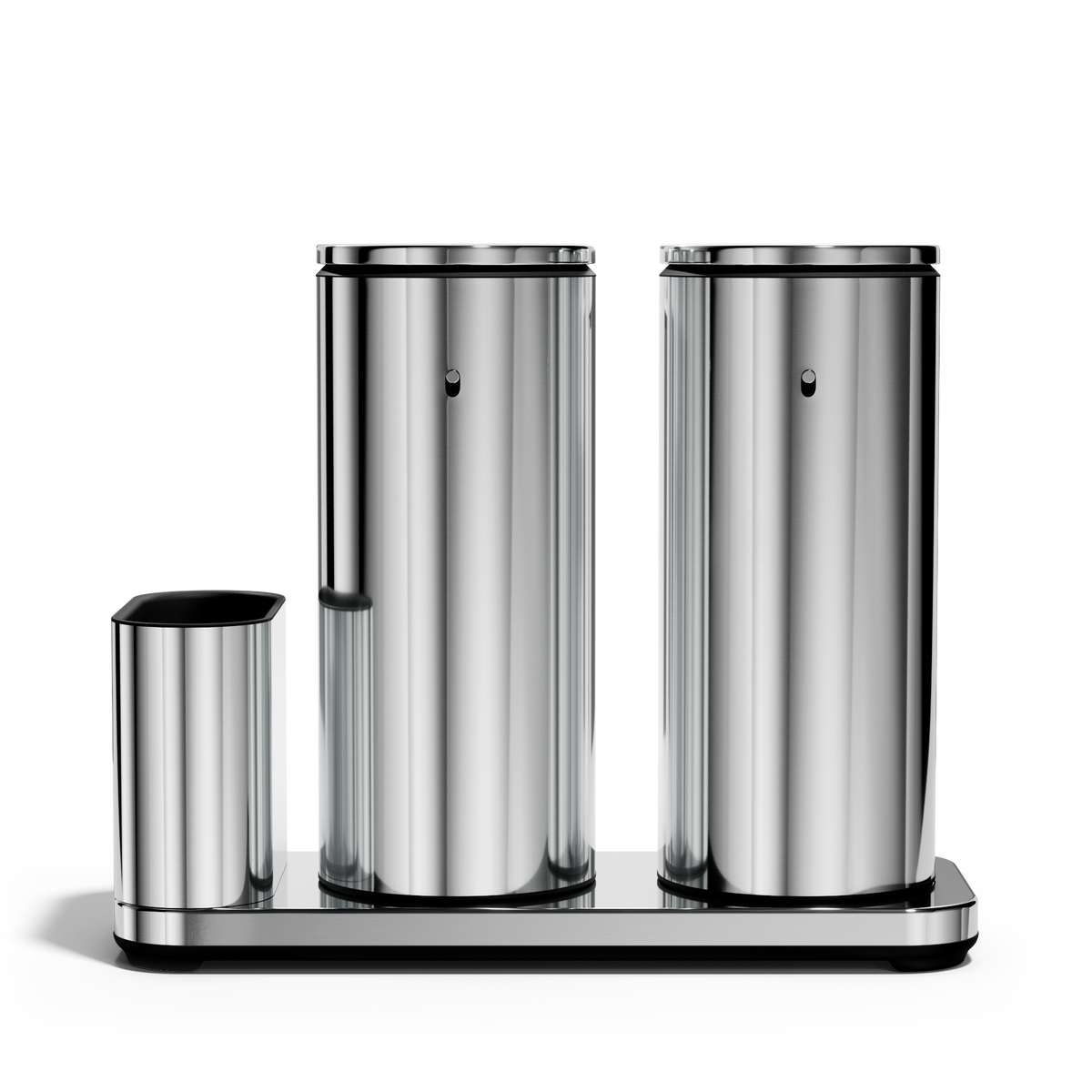 Front view of Simplehuman Polished Stainless Steel Dual Sensor Pump 14 oz. with Caddy, rechargeable, touch-free.