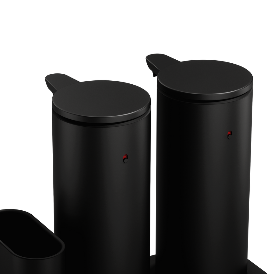 Detail view of Simplehuman Matte Black Dual Sensor Pump 14 oz., showing twin rechargeable, touch-free dispensers.