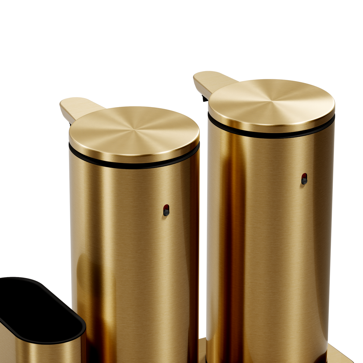 Detail view of Simplehuman Brushed Brass Dual Sensor Pump 14 oz., emphasizing brushed metal tops and twin touch-free sensors.