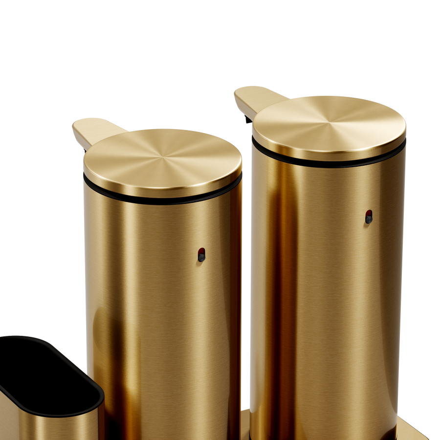Detail view of Simplehuman Brushed Brass Dual Sensor Pump 14 oz., emphasizing brushed metal tops and twin touch-free sensors.