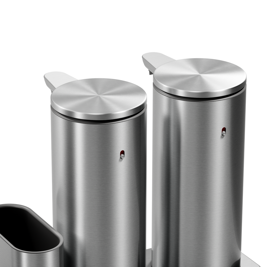 Close-up: Simplehuman Dual Sensor Pump 14 oz. in Brushed Stainless Steel, showing rechargeable, twin touch-free dispensers.