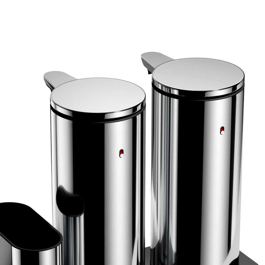 Detail view: Simplehuman Polished Stainless Steel Dual Sensor Pump 14 oz., showing twin reflective, touch-free dispensers.