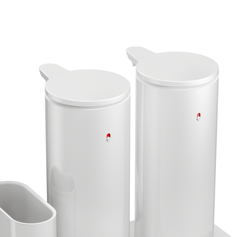 Close-up of Simplehuman White Dual Sensor Pump 14 oz., highlighting the two rechargeable, touch-free dispensers.