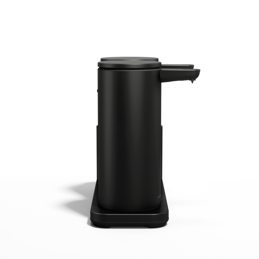Side view of Simplehuman Matte Black Dual Sensor Pump 14 oz. with Caddy, rechargeable and hands-free.