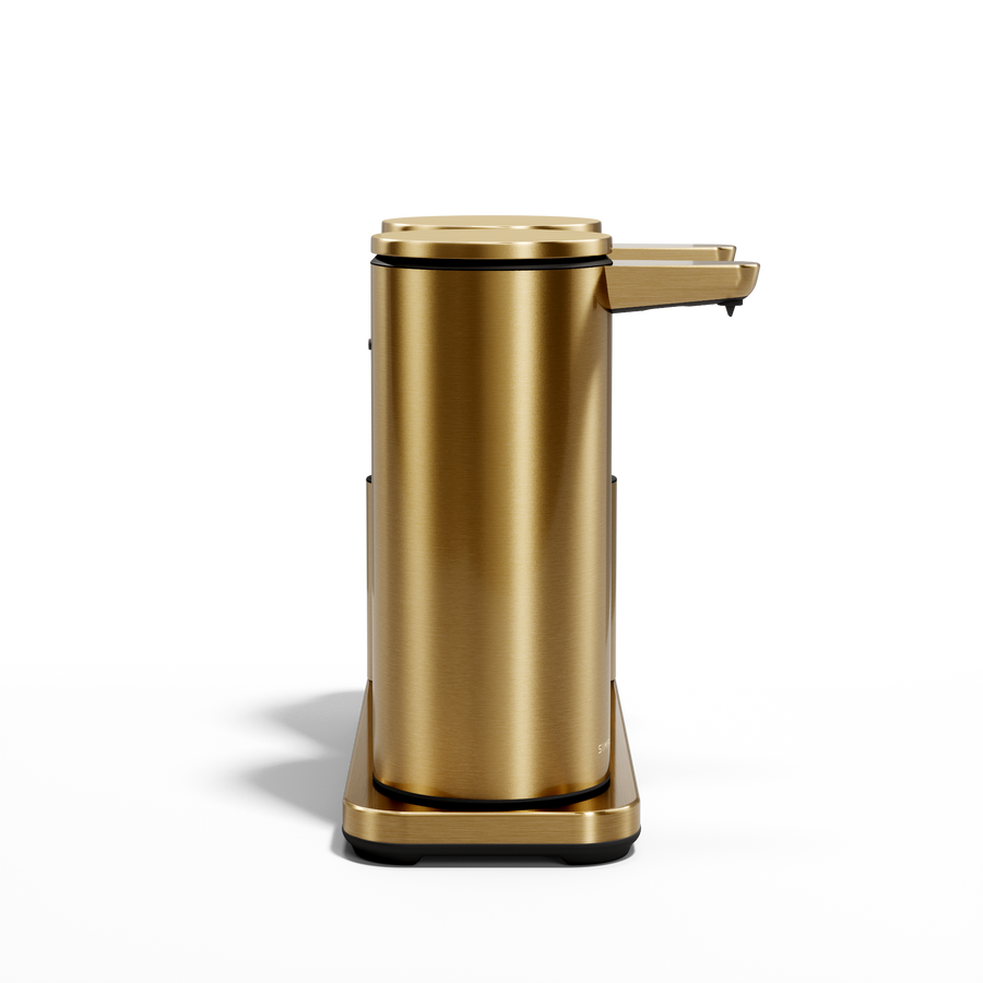 Profile studio view: Simplehuman Brushed Brass Dual Sensor Pump 14 oz. with Caddy, twin rechargeable hands-free dispensers.
