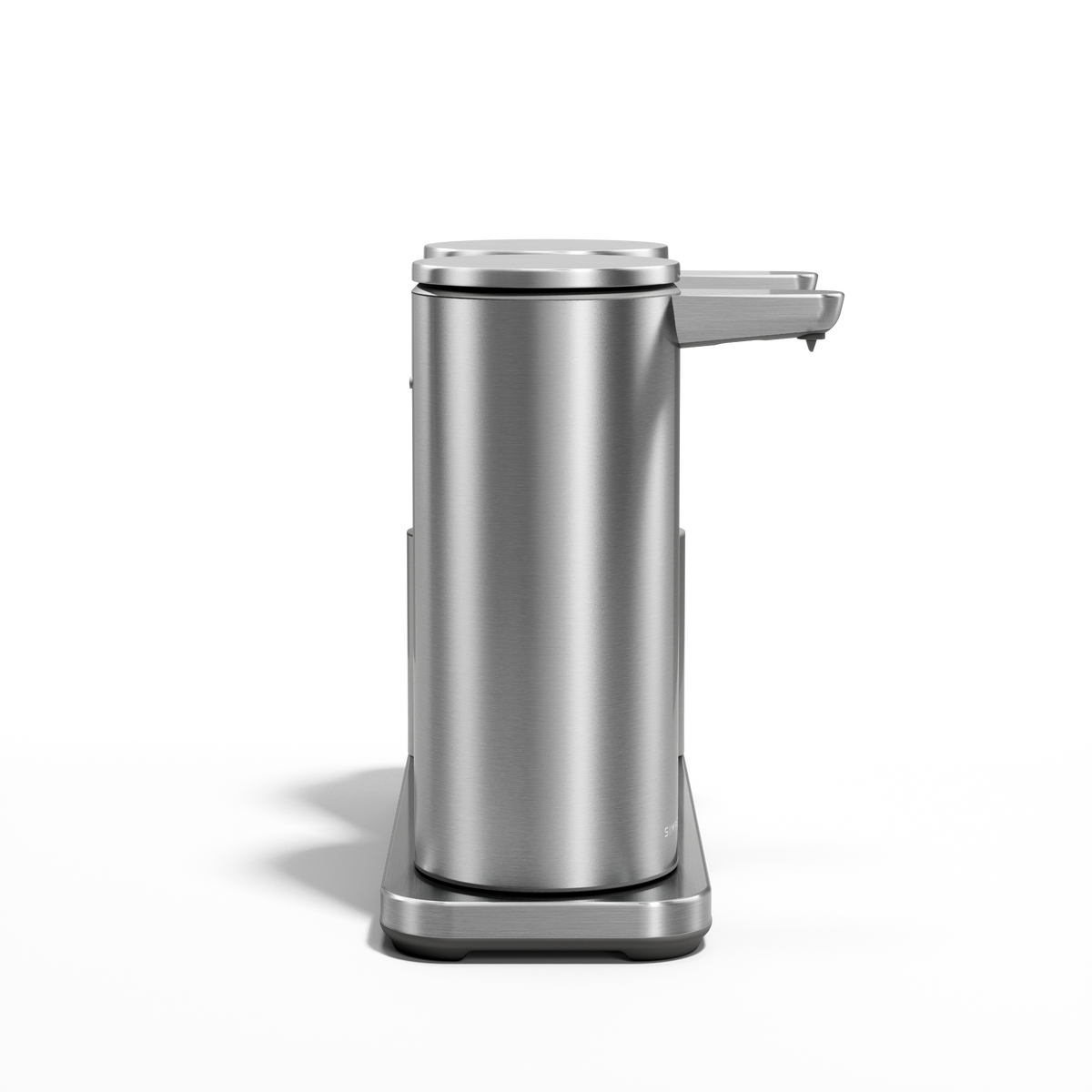 Side view of Simplehuman Brushed Stainless Steel Dual Sensor Pump 14 oz. on caddy, rechargeable and touch-free.