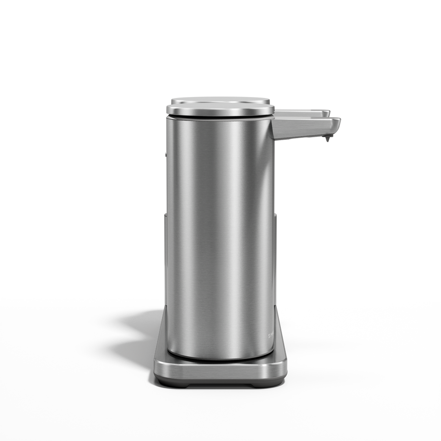 Side view of Simplehuman Brushed Stainless Steel Dual Sensor Pump 14 oz. on caddy, rechargeable and touch-free.