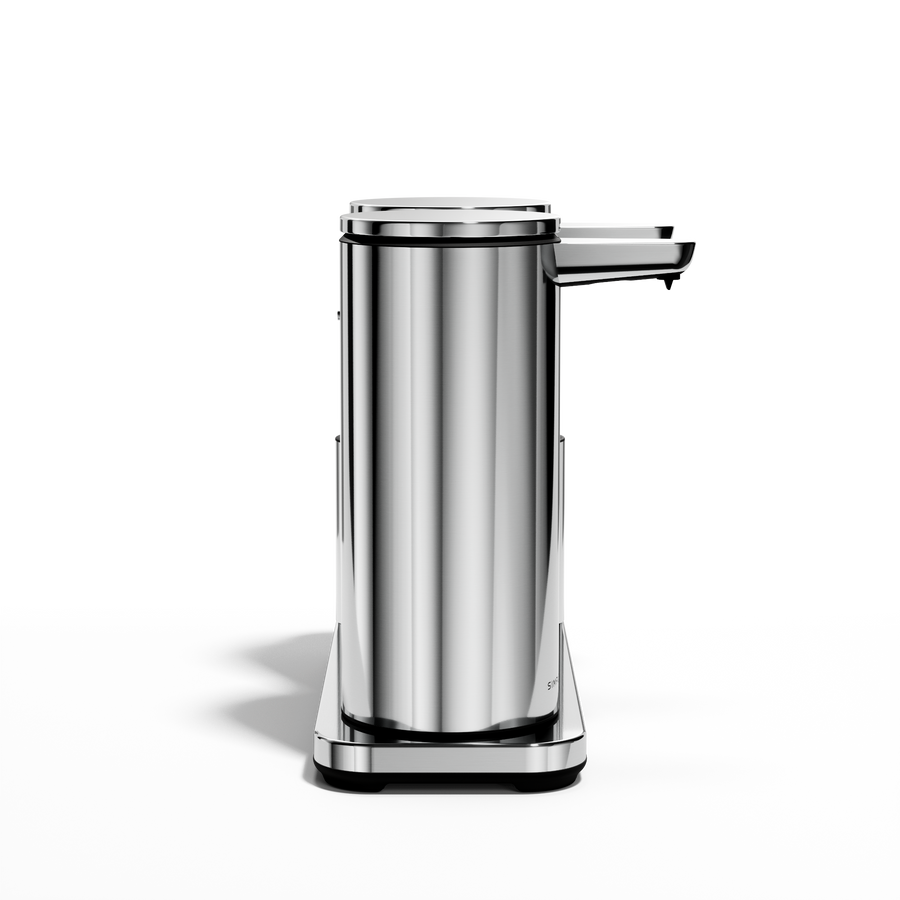 Isolated view: Simplehuman Polished Stainless Steel Dual Sensor Pump 14 oz. on caddy, rechargeable, twin touch-free dispensers.