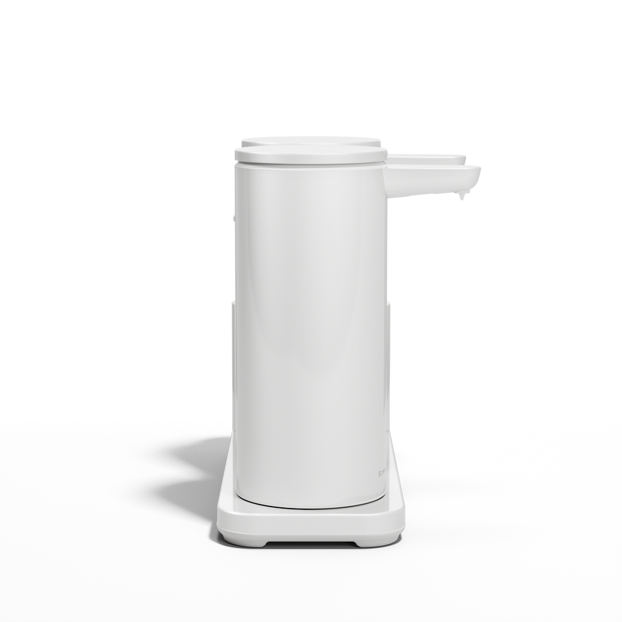 Profile view of Simplehuman White Dual Sensor Pump 14 oz. with Caddy, rechargeable, hands-free dispenser.