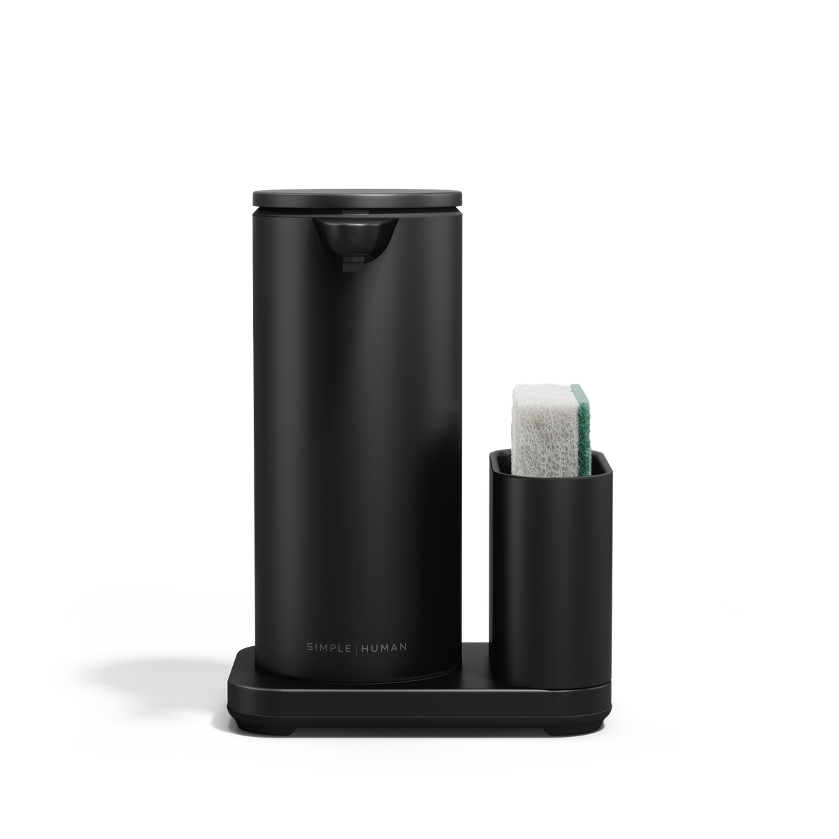 Simplehuman Matte Black 14 oz Sensor Pump + Caddy, touch-free dispenser with integrated sponge holder.