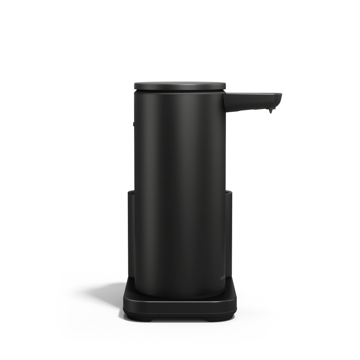 Side view of Simplehuman Matte Black 14 oz Sensor Pump + Caddy, touch-free rechargeable dispenser.