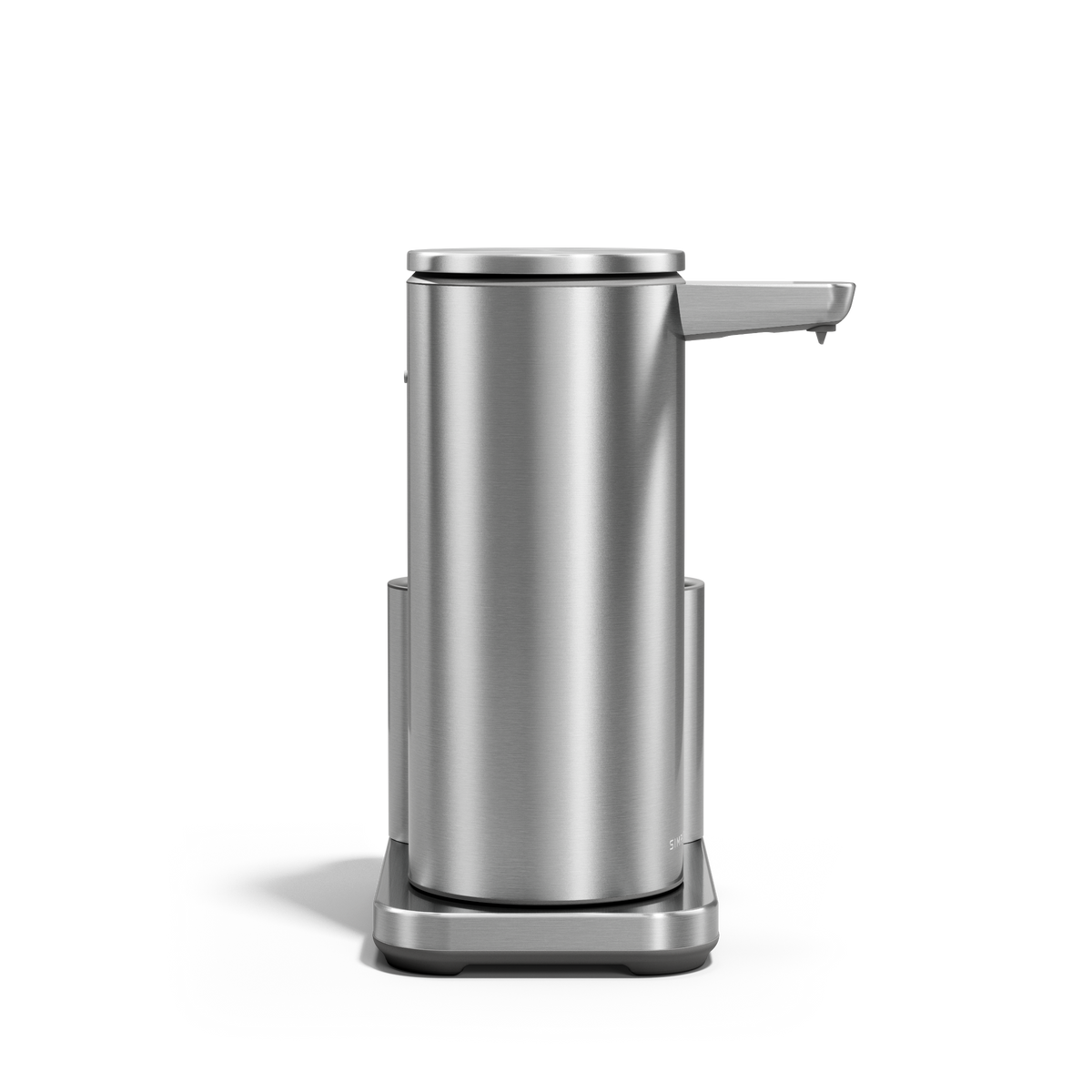 Front view: Simplehuman 14 oz Sensor Pump + Caddy, Brushed Stainless Steel, touch-free, rechargeable design.