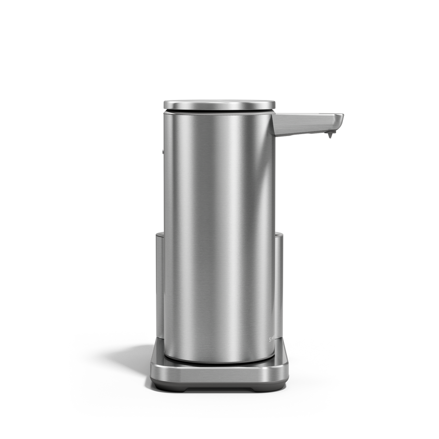 Front view: Simplehuman 14 oz Sensor Pump + Caddy, Brushed Stainless Steel, touch-free, rechargeable design.