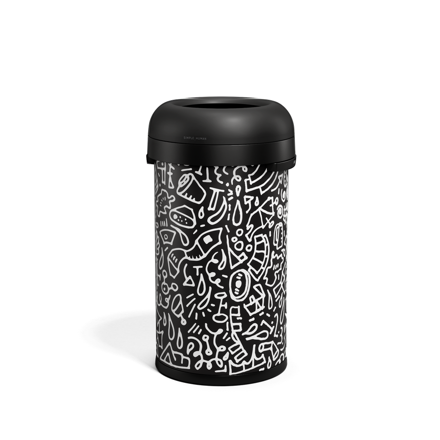Angled view of Simplehuman 60L Bullet Open Can, Black with custom Doodle graphic, high-capacity, quick disposal.