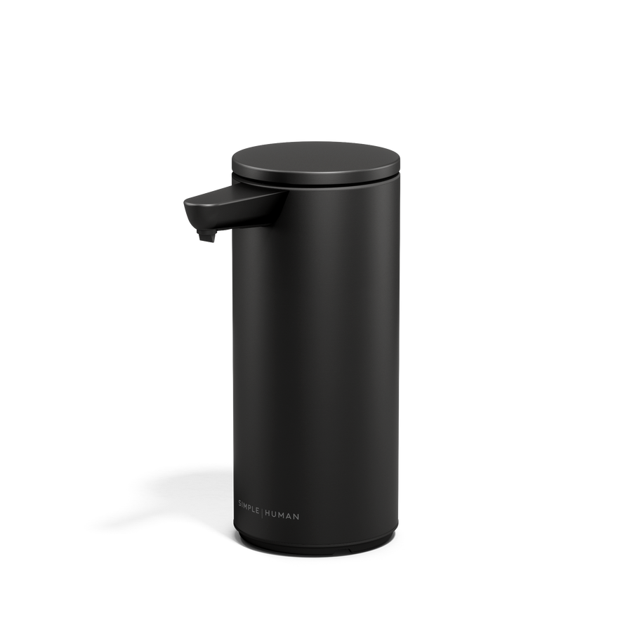 Angled view of Simplehuman 9 oz. Rechargeable Sensor Pump in Matte Black, hands-free operation.