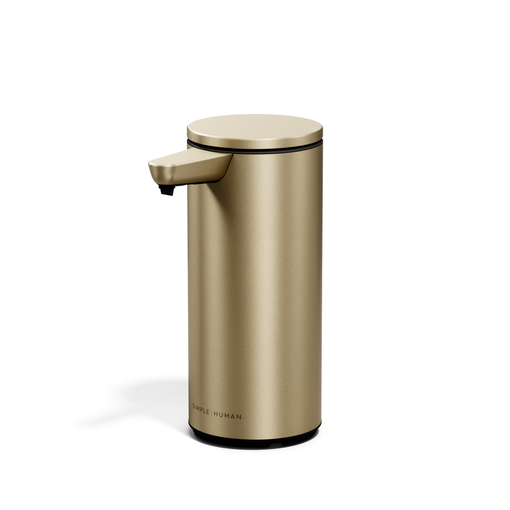 Simplehuman 9 oz. Rechargeable Sensor Pump in Brass, studio view, touch-free cylindrical dispenser.