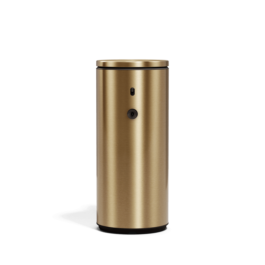 Front view of Simplehuman 9 oz. Rechargeable Sensor Pump in Brass, adjustable dosage.