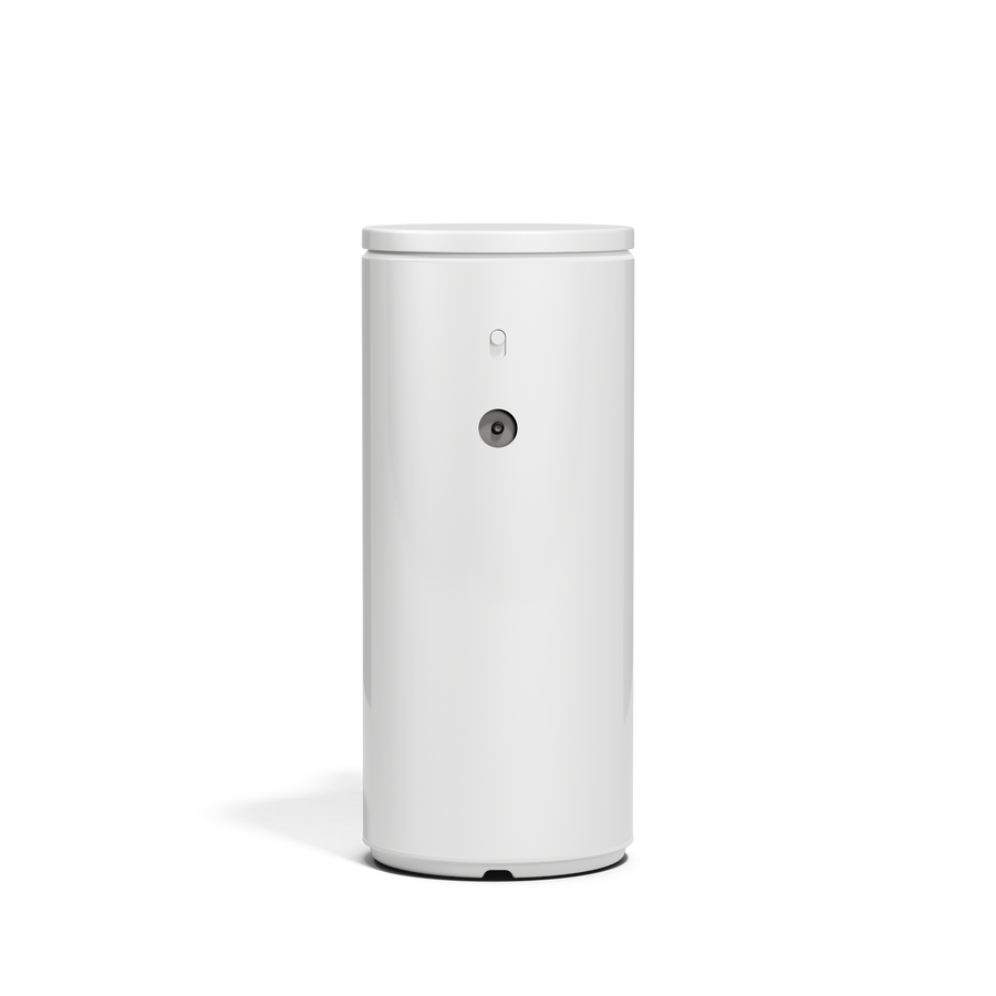 Close-up view of Simplehuman 9 oz. Rechargeable Sensor Pump in White, highlighting the adjustable control switch.