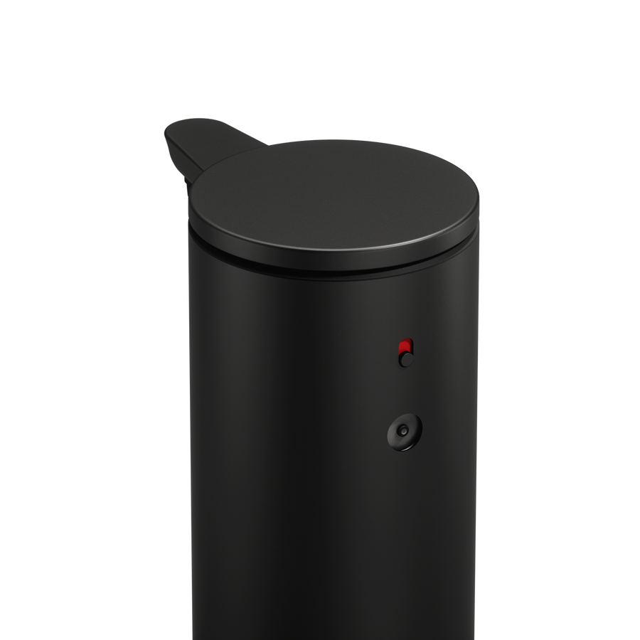 Close-up view of the Simplehuman 9 oz. Sensor Pump in Matte Black, highlighting the top cap and adjustable controls.