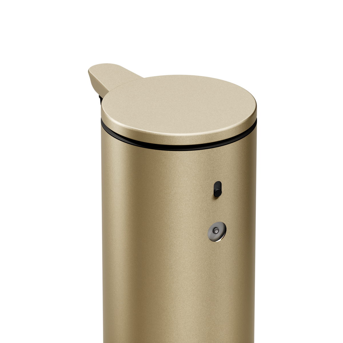 High-angle close-up of Simplehuman 9 oz. Sensor Pump in Brass, showing dosage dial and power switch.