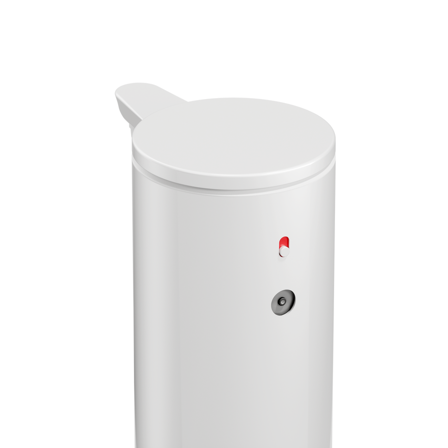 High-angle detail view of Simplehuman 9 oz. Sensor Pump (White), highlighting the dosage control switch.