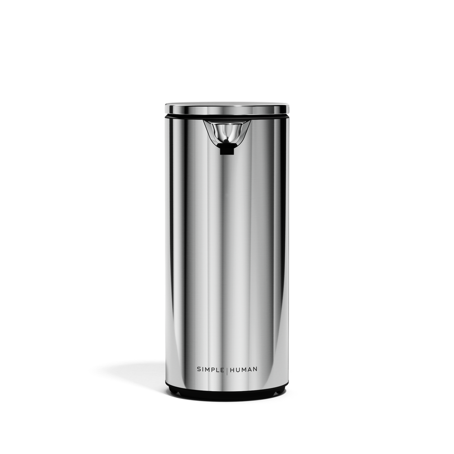 Straight-on view of Simplehuman 9 oz. Rechargeable Sensor Pump in Brushed Stainless Steel, adjustable dosage.