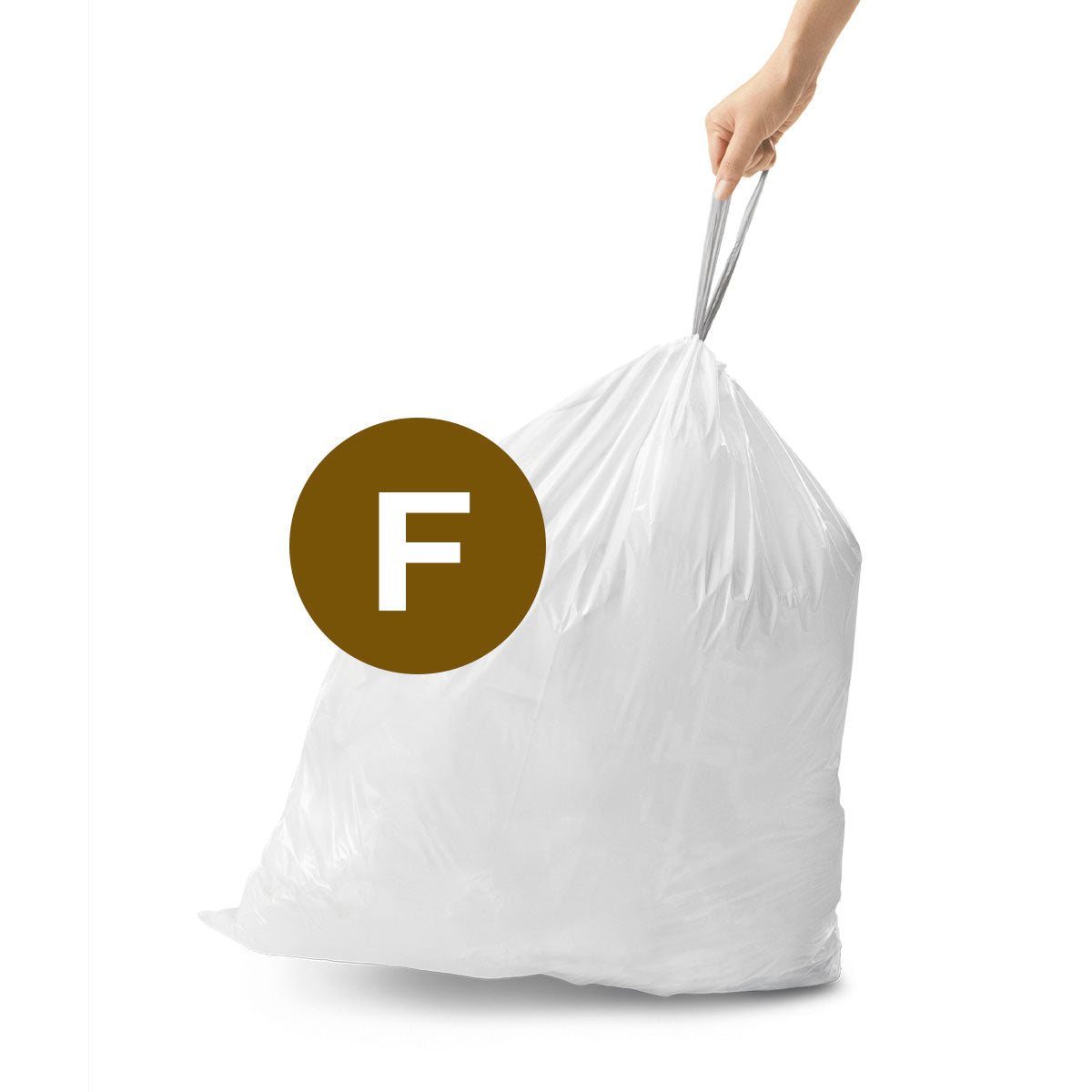 Simplehuman White Code F Custom Fit Liners, full and lifted by hand using the reinforced drawstring tie.