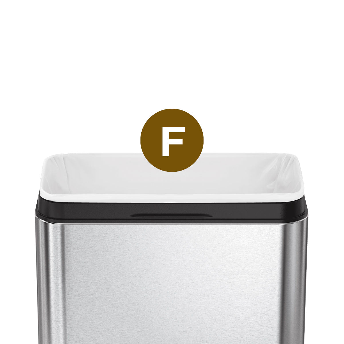 Close-up of Simplehuman White Code F Custom Fit Liner installed in Brushed Stainless Steel can, seamless fit.